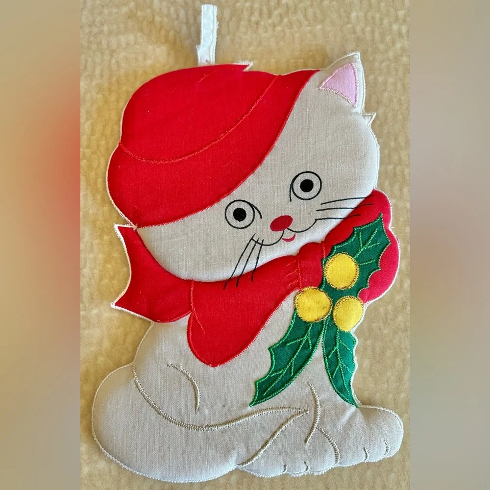 Vintage Holiday Kitchen Potholders 2-Set Kitty Cat Crochet Poinsettia Hot Pads